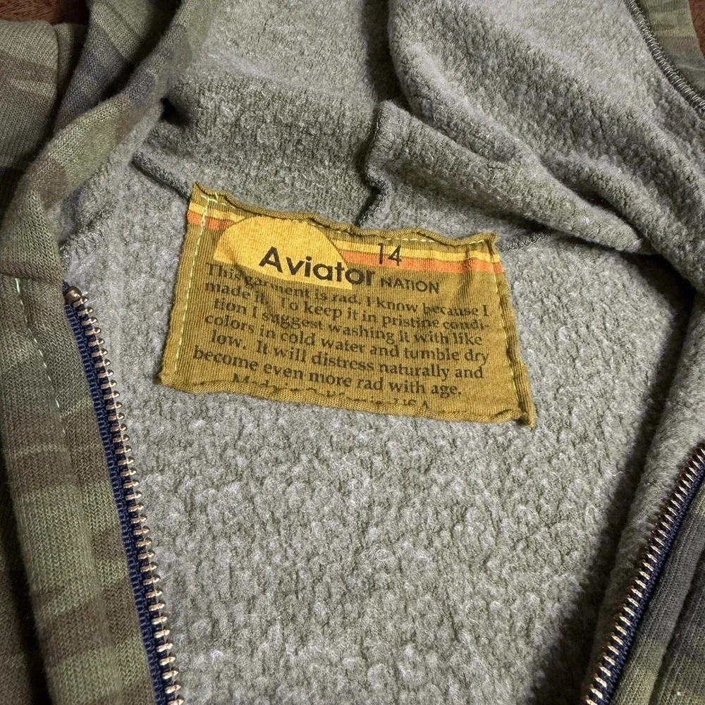 Aviator Nation Full Zip Hoodie Camo Green Youth Size 14 Womens Small